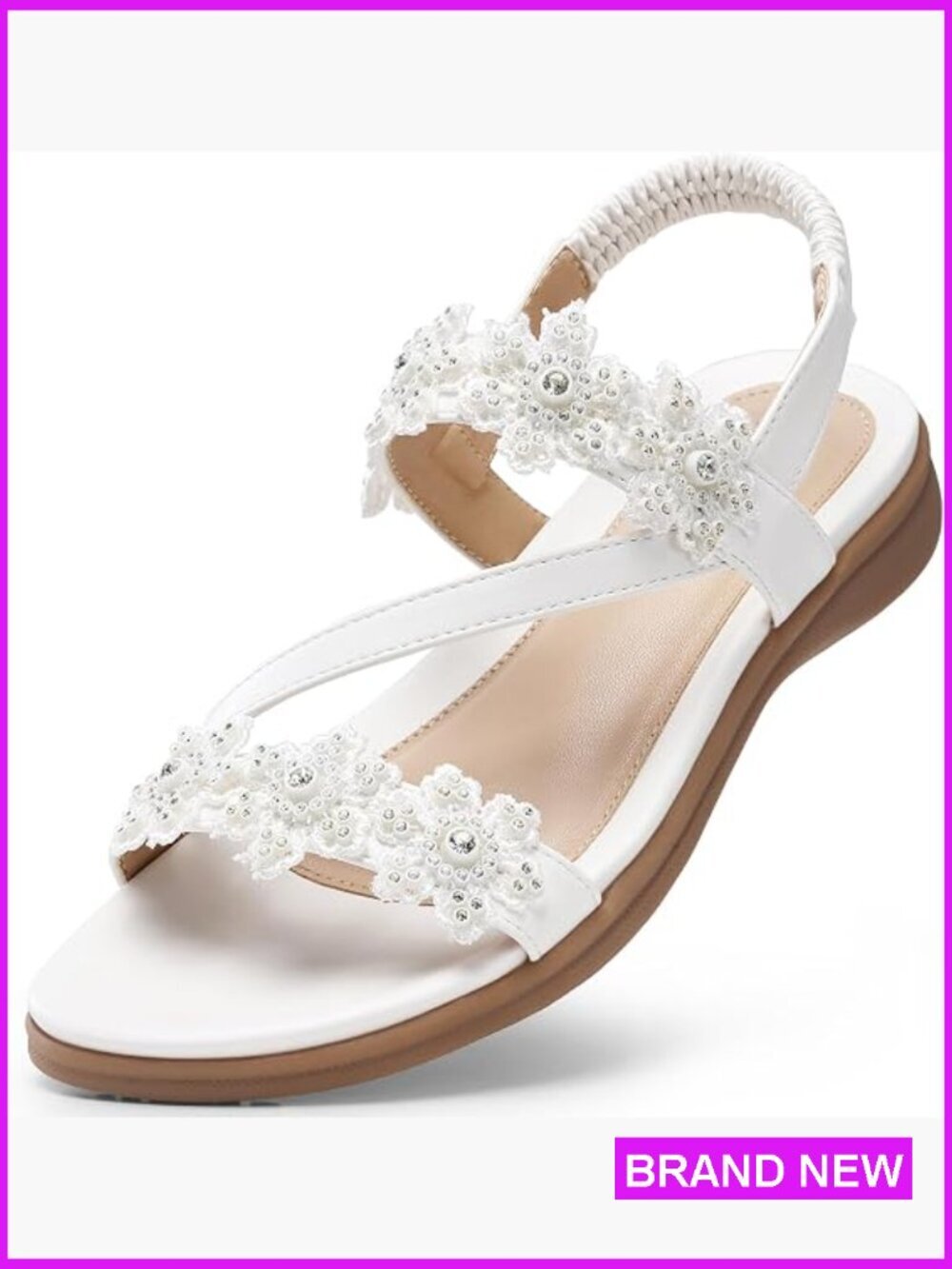 Dressy Flat Sandals with Rhinestone Flower Ankle Strap Comfortable Casual